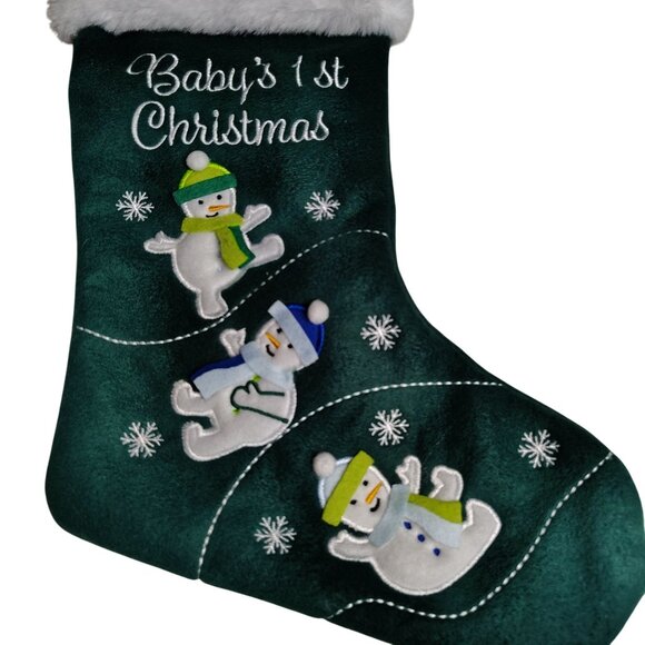 Holiday Home Babys 1st Christmas Green Embroidered Holiday Stocking With Snowmen - Picture 3 of 4